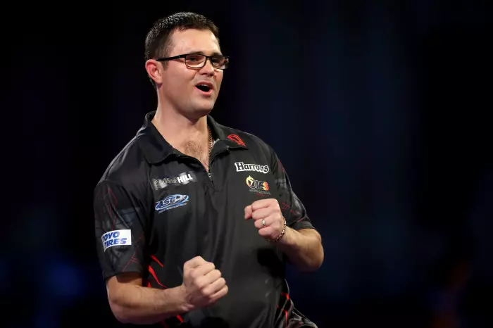 Damon Heta celebrates against Peter Wright during day eleven of the William Hill World Darts Championship at Alexandra Palace, London. Picture date: Tuesday December 28, 2021.