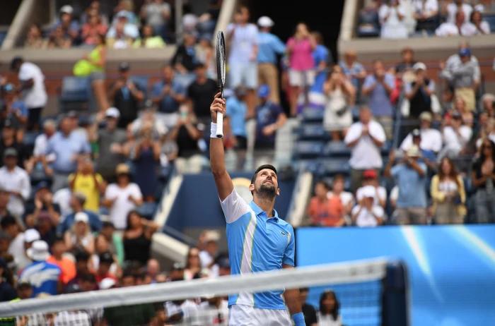 Serbia's Novak Djokovic reacts after defeating Spain's Zapata Miralles at the US Open - Aug 2023