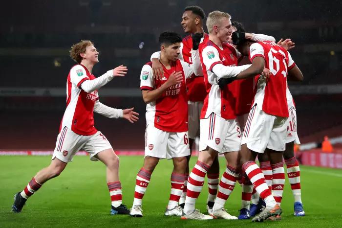 Arsenal's James Olayinka celebrates scoring their side's first goal of the game during the Papa John's Trophy third round match at the Emirates Stadium, London. Picture date: Tuesday January 