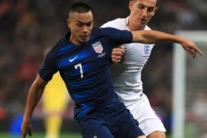 Bobby Wood in action for USA against England and Lewis Dunk Nov18