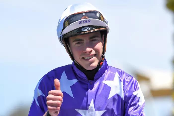 Jockey James Doyle after winning the Iron Jack Handicap during Golden Gift Ladies Day at Rosehill Gardens in Rosehill, Australia on November 9, 2019