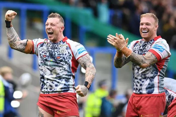 Josh Charnley of Leigh Leopards and Oliver Holmes