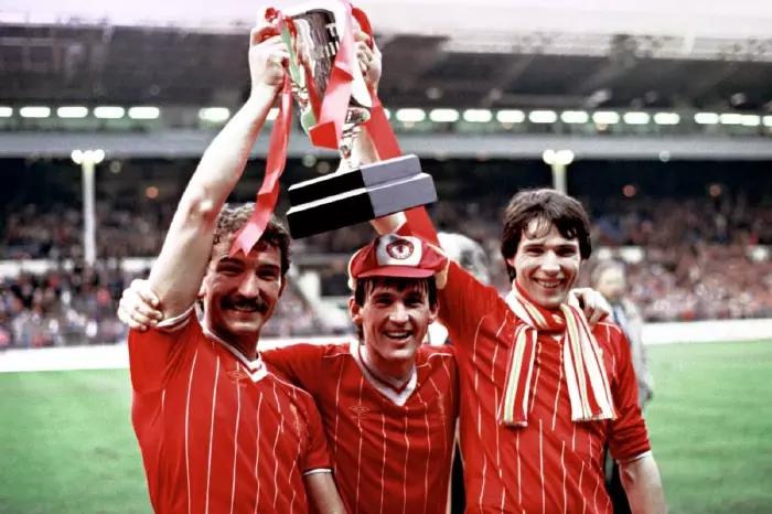 Graeme Souness, Kenny Dalglish and Alan Hansen celebrate League Cup final glory in 1983