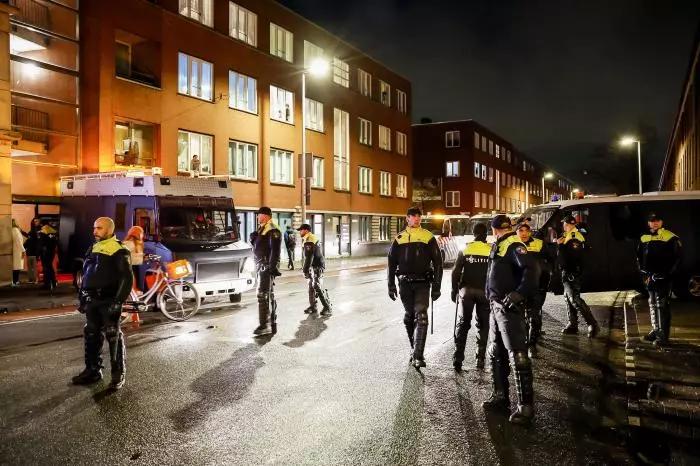 Police are present at the Vaillantlaan after the match between Morocco and Spain at the World Cup in Qatar