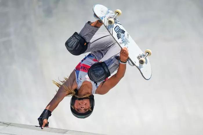 Sky Brown from Great Britain during women's park skateboard at the Olympics at Ariake Urban Park, Tokyo, Japan