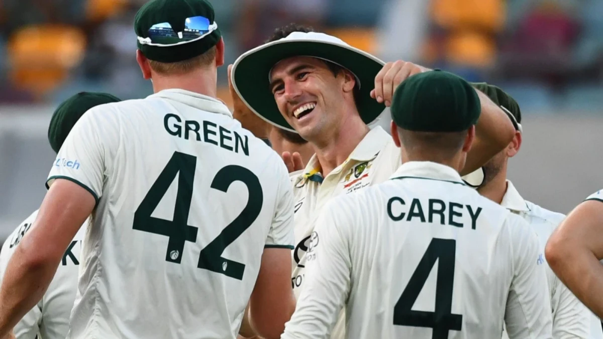Pat Cummins of Australia celebrates a wicket during Day 3 of the Second Test between Australia and the West Indies at the Gabba in Brisbane,