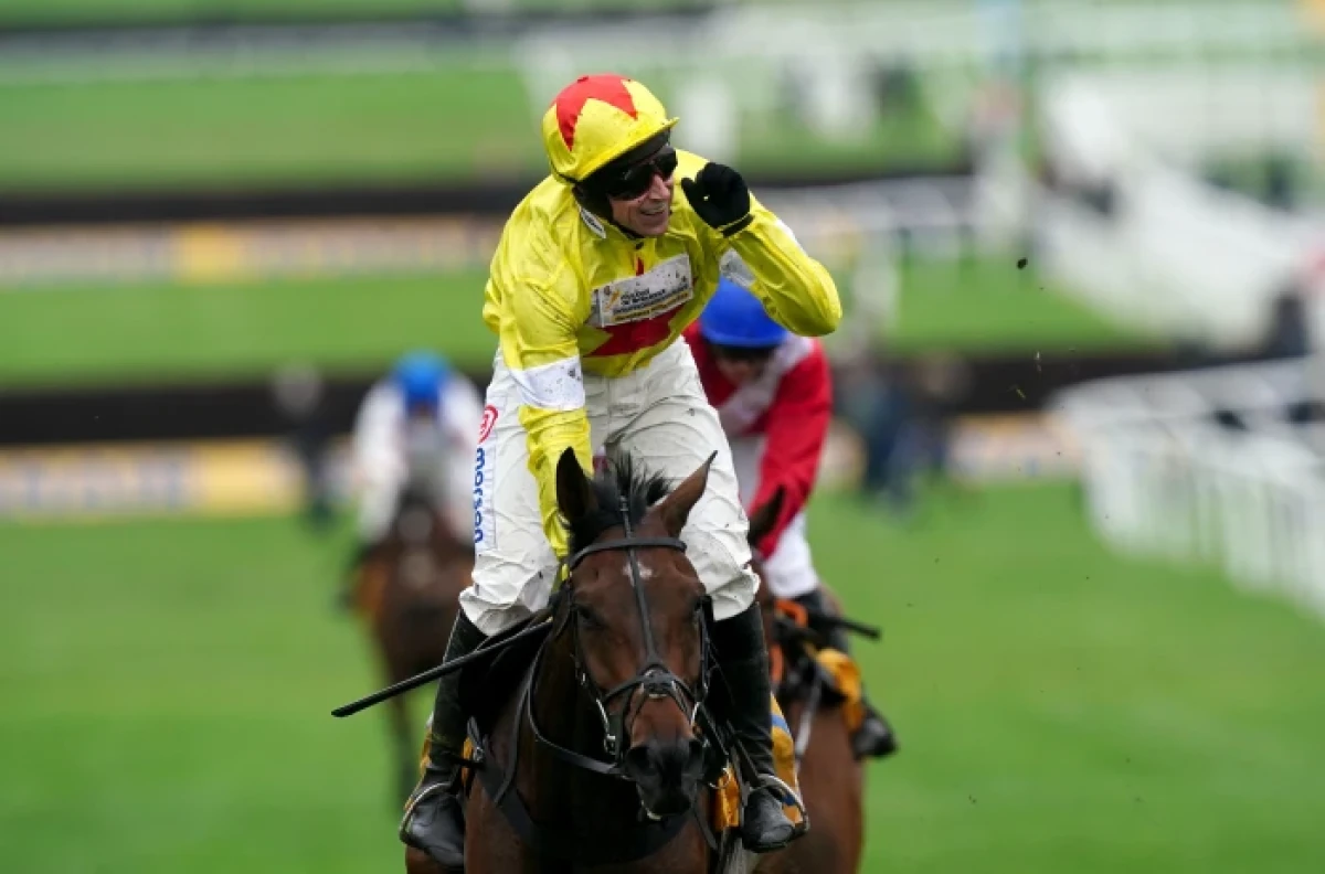 Harry Skelton celebrates his Ryanair Chase win aboard Protektorat