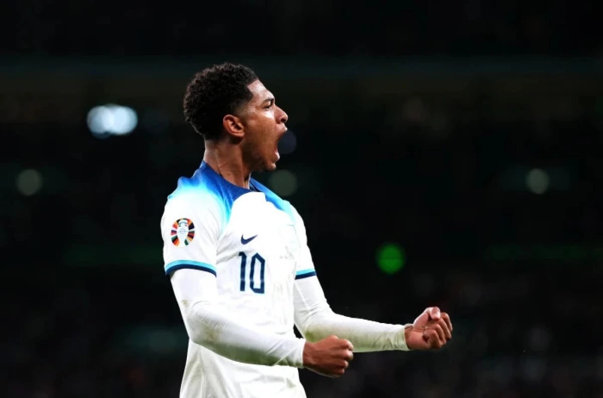 England's Jude Bellingham celebrates after Marcus Rashford scores against Italy - Oct 2023