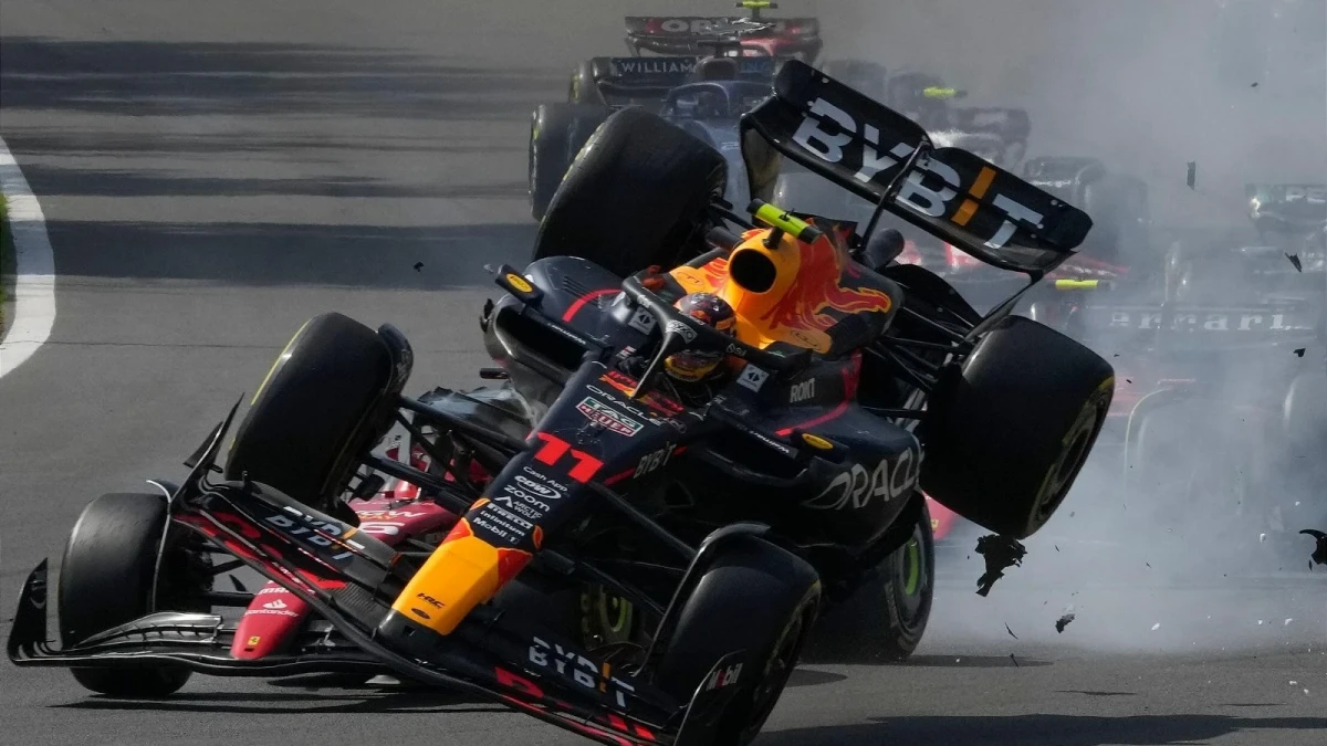 Red Bull driver Sergio Perez and Ferrari driver Charles Leclerc crash