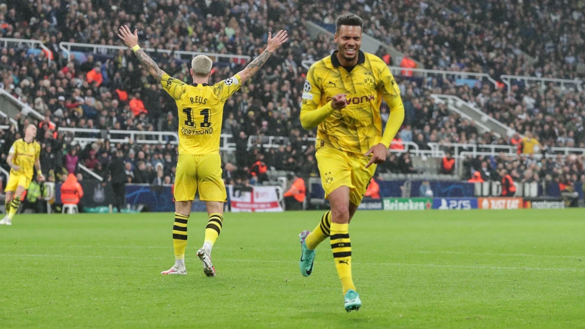 Felix Nmecha scores for Dortmund against Newcastle