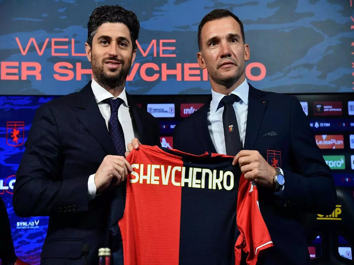 Josh Wander of 777 Partners, CFC Genoa's new head coach,Andriy Shevchenko, during his presentation at Luigi Ferraris stadium in Genoa, Italy, 10 November 2021.