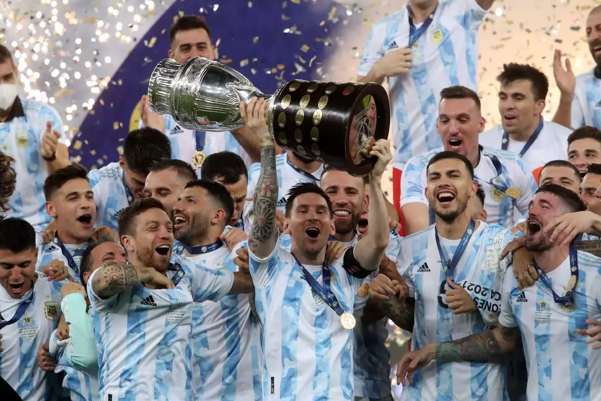 Argentina's Lionel Messi and teammates celebrate winning the Copa America