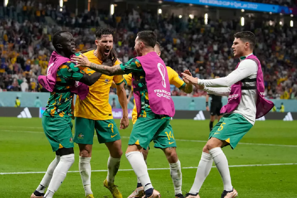Australia celebrate against Denmark World Cup November 2022