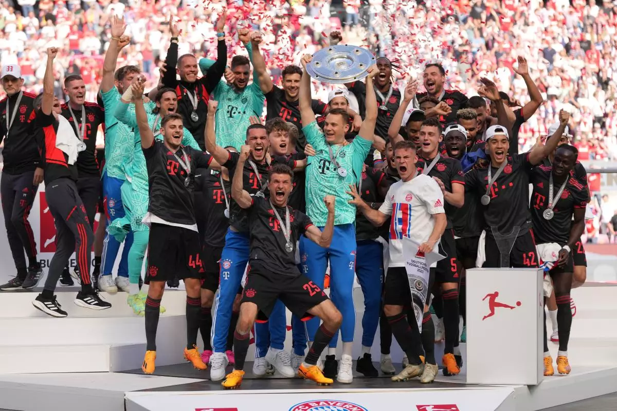 Bayern Munich players celebrate winning the German championship