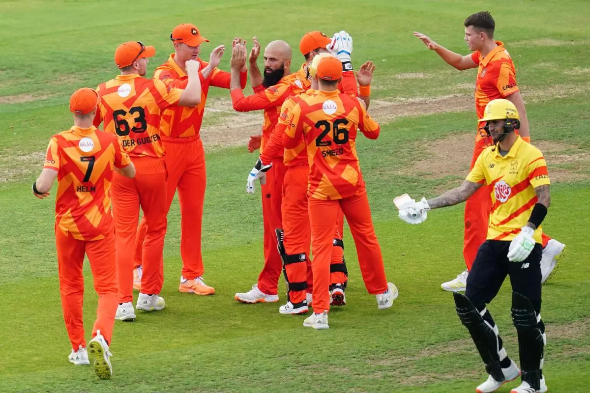 Birmingham Phoenix's Moeen Ali celebrates the wicket of Trent Rockets' Alex Hales during The Hundred match at Edgbaston