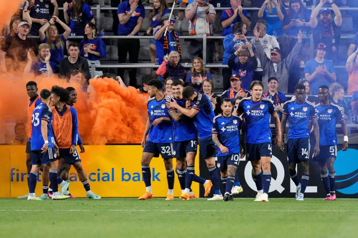 FC Cincinnati forward Brandon Vázquez celebrates a goal for FC Cincinnati