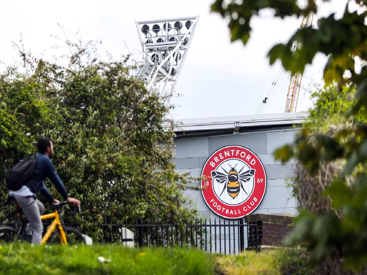 The Brentford logo displayed on the outside of their brand new stadium