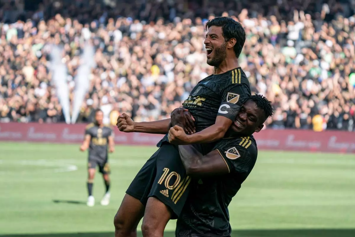 Carlos Vela celebrates scoring for LAFC in MLS