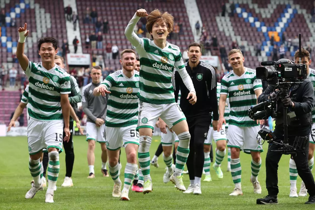 Celtic's Kyogo Furuhashi celebrates after the cinch Premiership match at Tynecastle Stadium