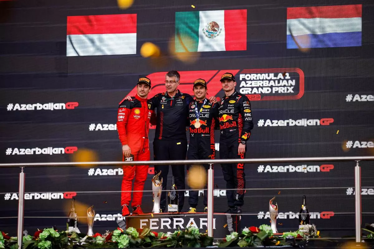 Charles Leclerc, Sergio Perez and Max Verstappen on the podium in Baku - April 2023