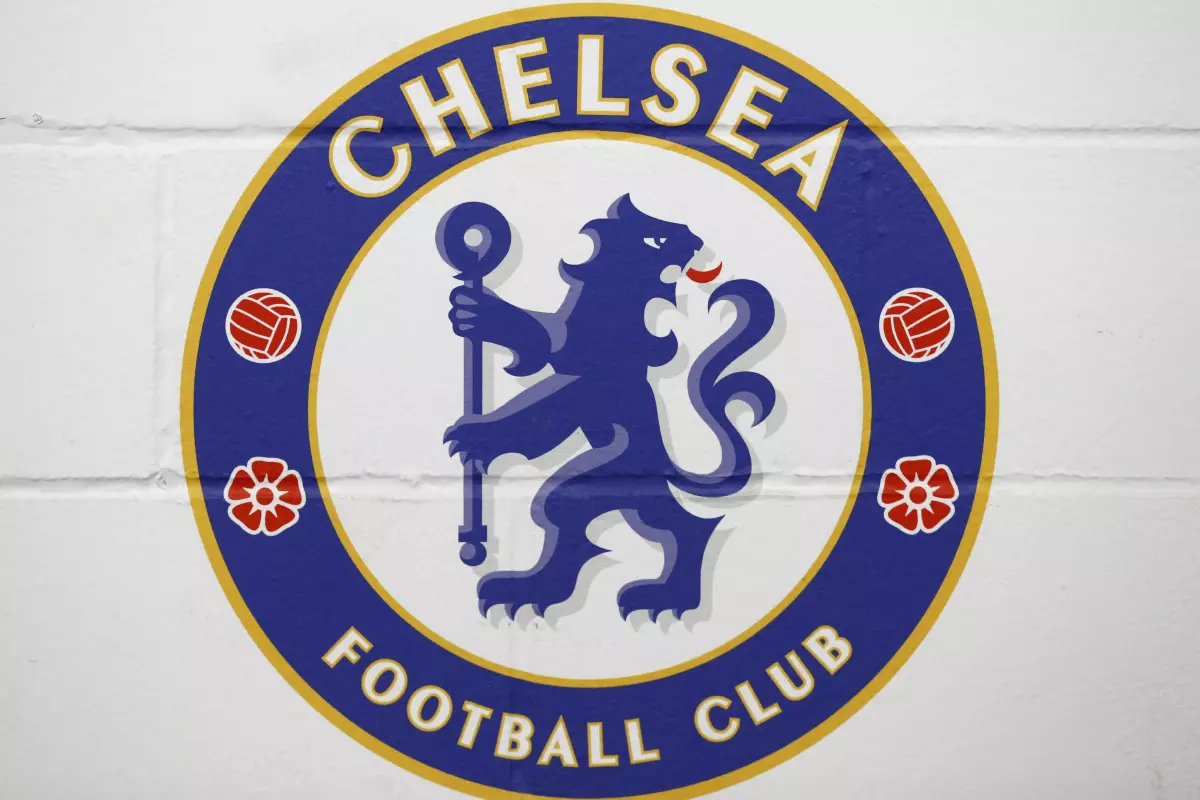 A Chelsea badge mural at Stamford Bridge, London.