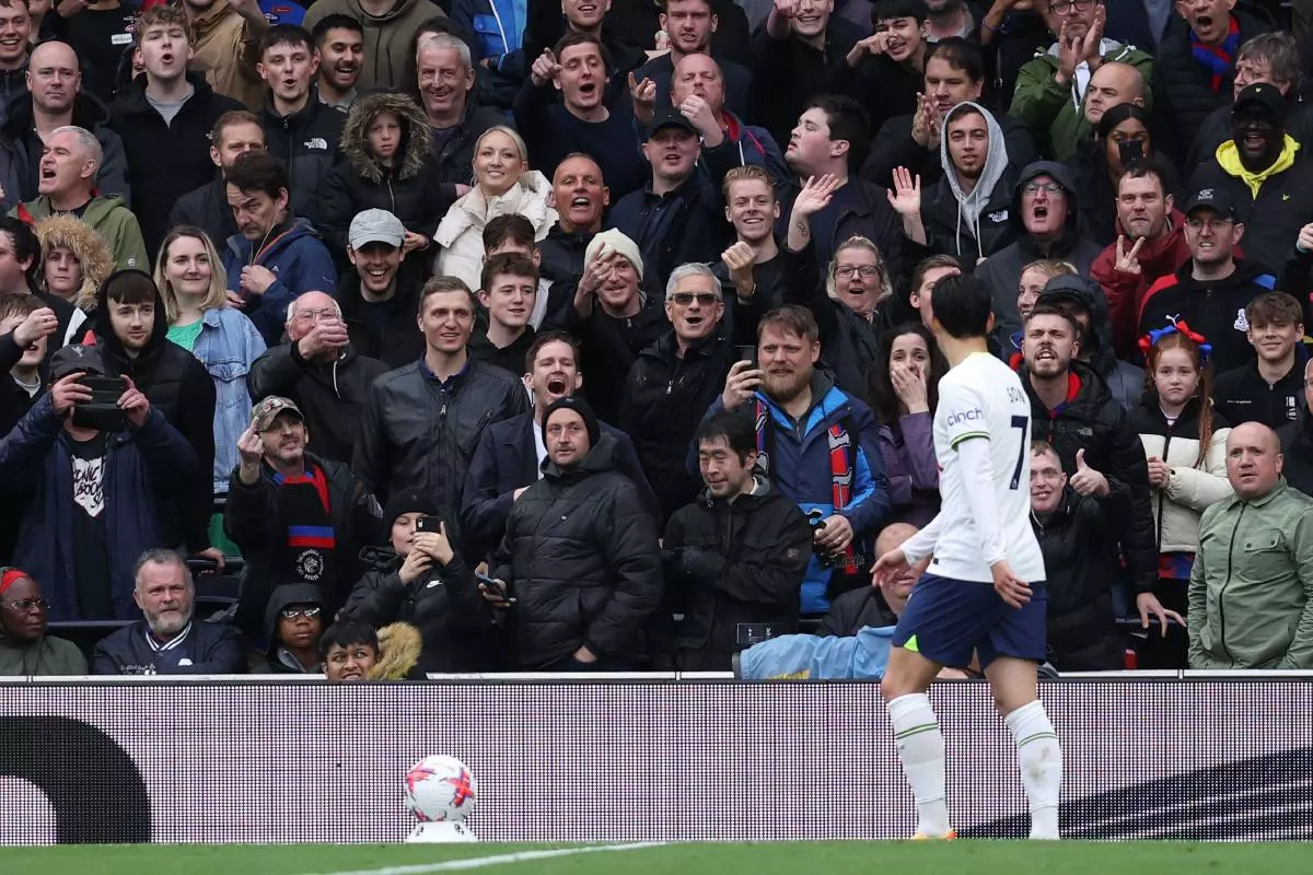 Crystal Palace fans gesture and shout towards Son Heung-Min of Tottenham Hotspur - May 2023