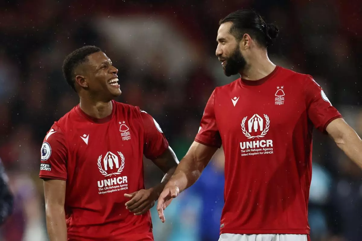 Danilo of Nottingham Forest and Felipe of Nottingham Forest enjoy the win during the Premier League