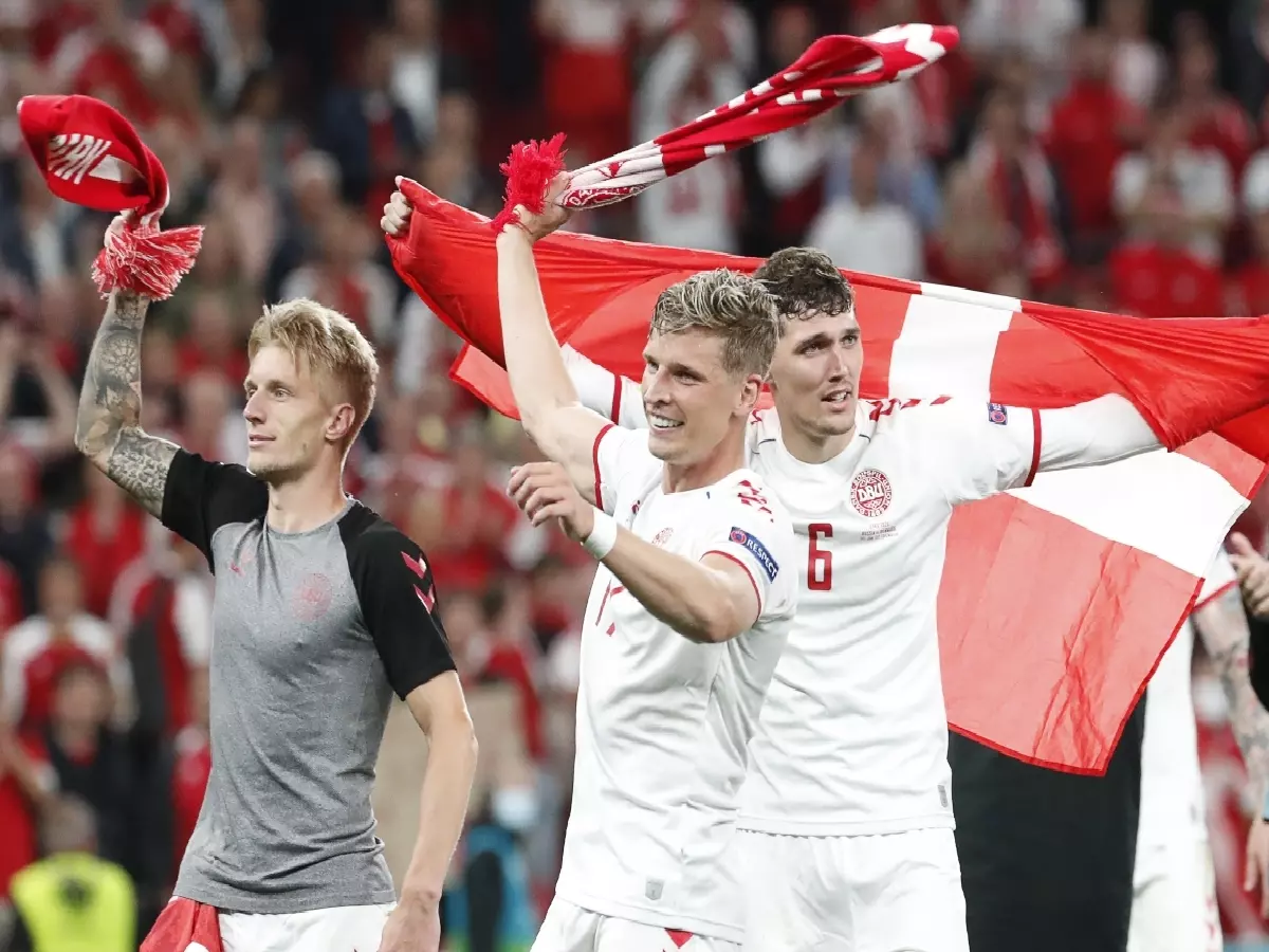 Denamrk celebrate reaching the last 16 of Euro 2020