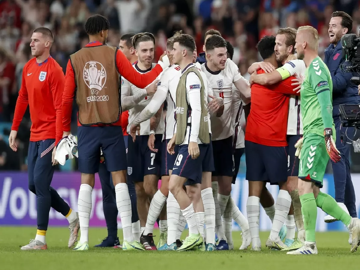 England celebrate after beating Denmark Jul21