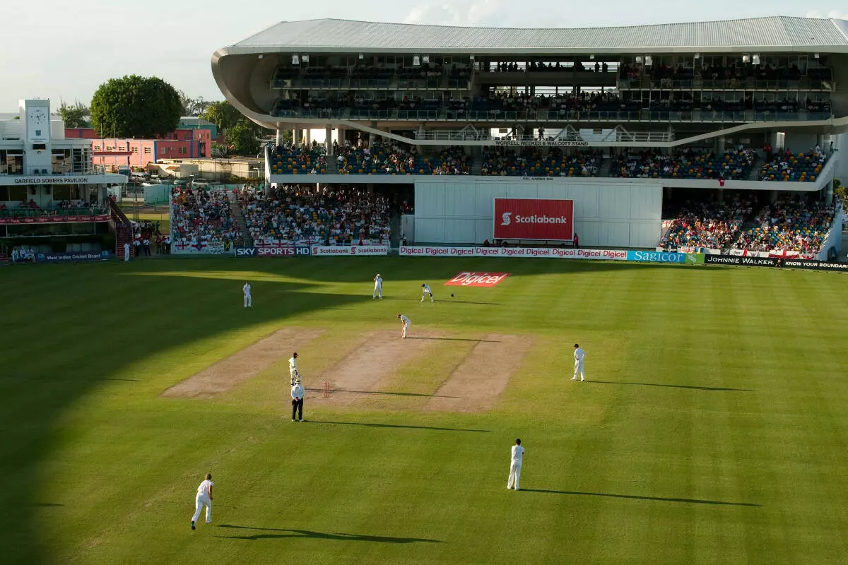 General view of match action between England and the West Indies during the fourth test at Kensington Oval