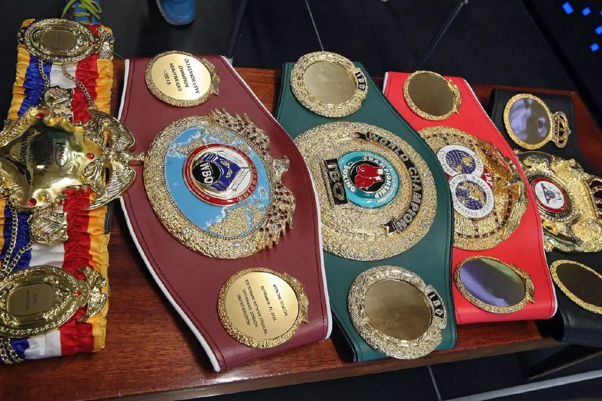 IBF, WBA, WBO, IBO and The Ring world heavyweight champion belts