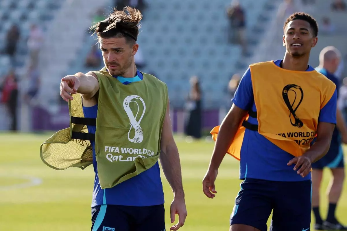 England's Jude Bellingham and Jack Grealish during training