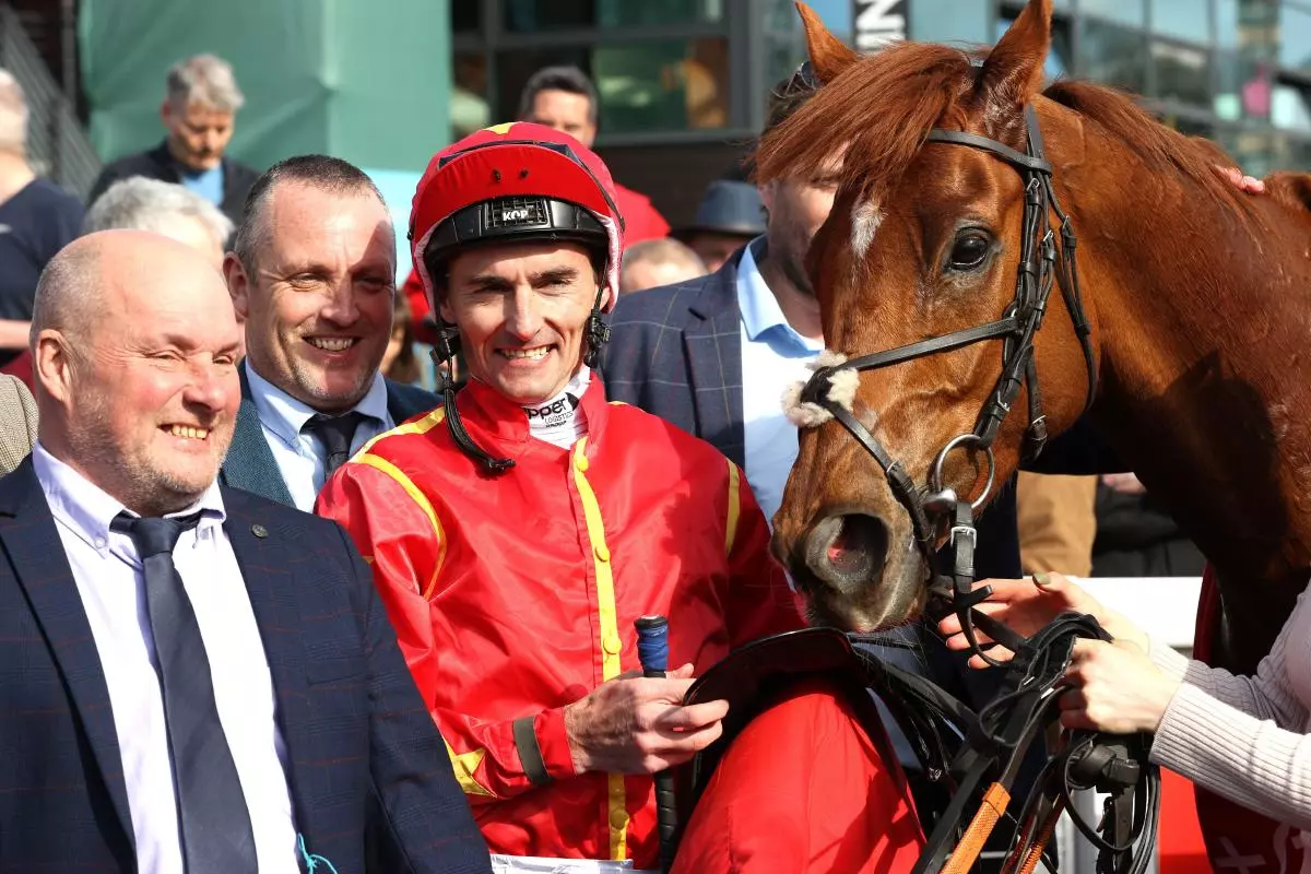 Jockey Daniel Tudhope celebrates winning the Tote Summer World Pool Queen's Cup - April 2023