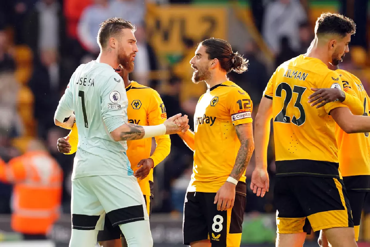 Jose Sa speaking to Ruben Neves after win over Forest October 2022