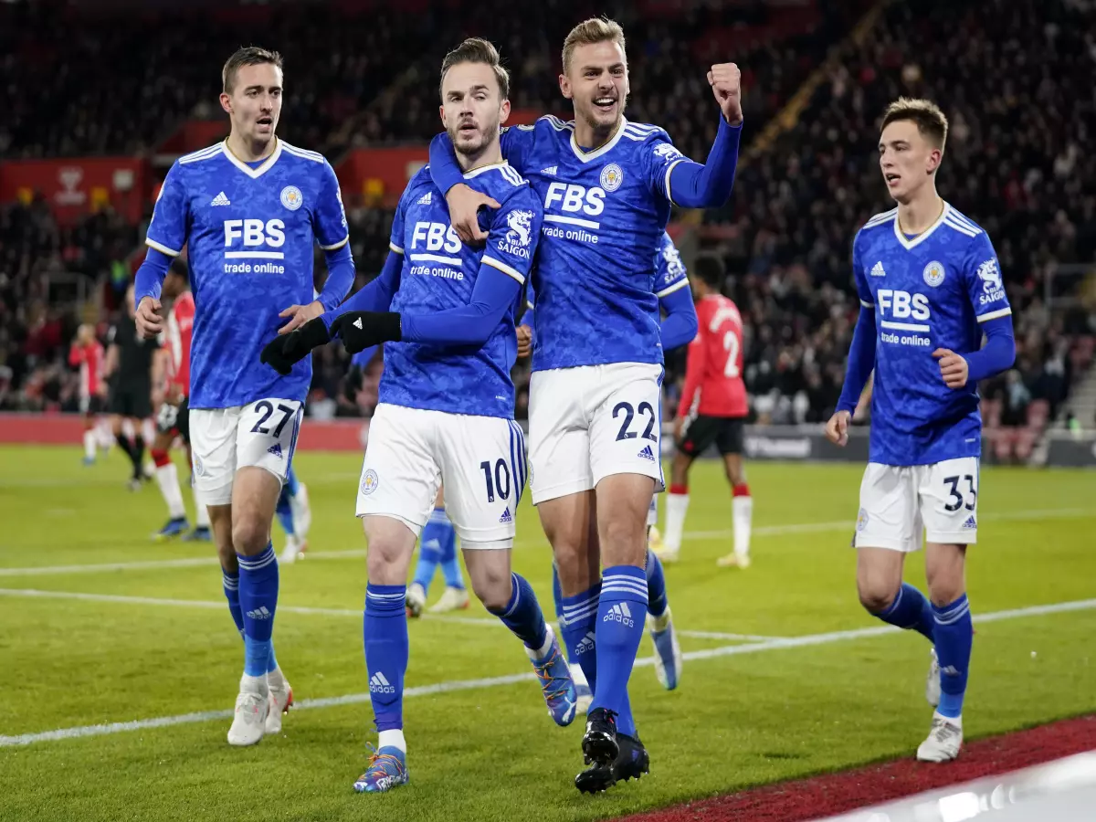 Leicester City's James Maddison (left) celebrates with Kiernan Dewsbury-Hall after scoring their side's second goal of the game during the Premier League match between Southampton and Leicest