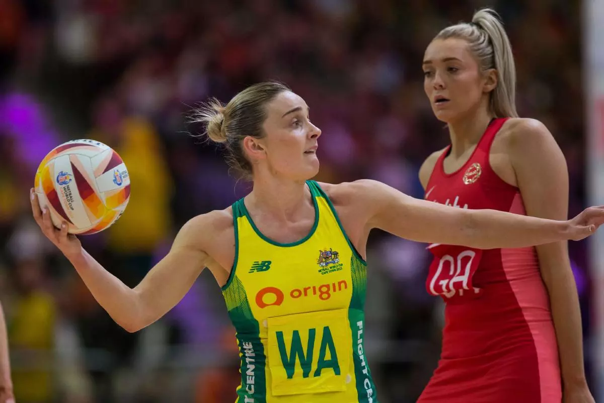 Liz Watson of Australia in action against England during the Netball World Cup final match in Cape Town