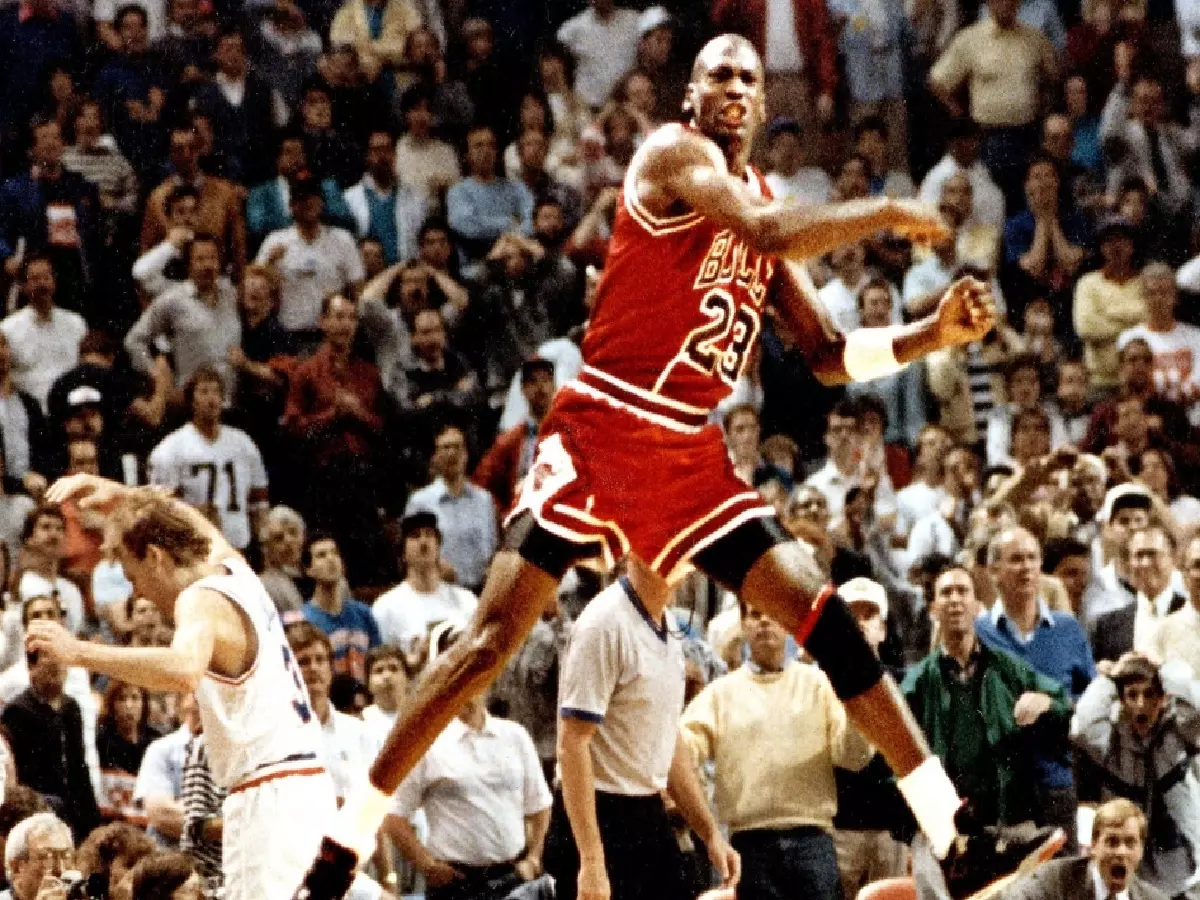Michael Jordan celebrates v Cleveland Cavaliers in 1989 NBA play-offs