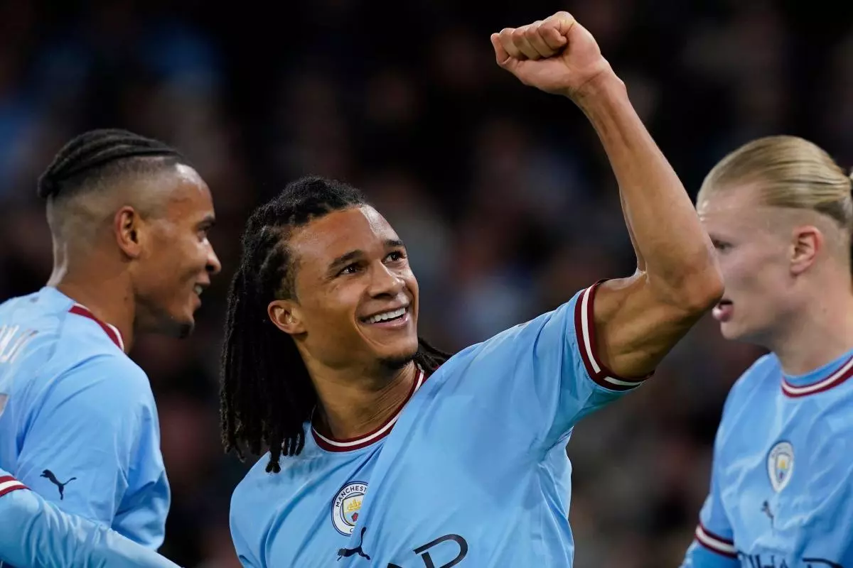 Nathan Ake of Manchester City celebrates scoring the first goal against Arsenal in FA Cup