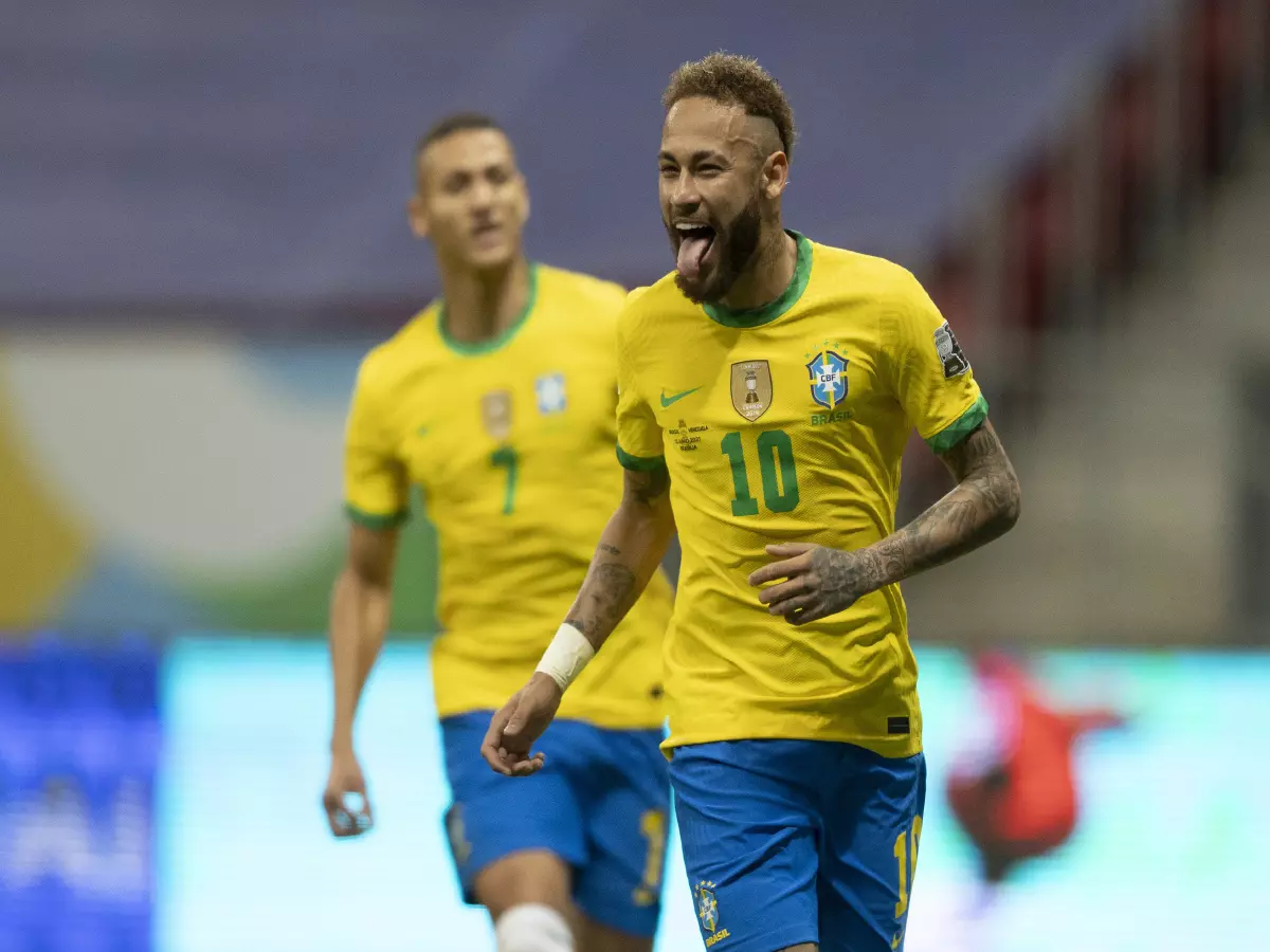 Neymar Jr celebrates scoring a goal in Brazil's 2021 Copa America opener with Venezuela