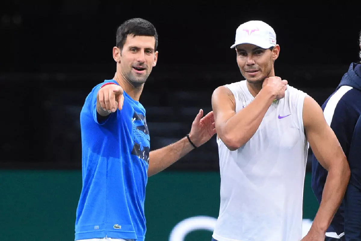 Novak Djokovic and Rafael Nadal at practice