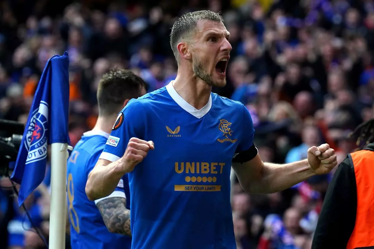 Rangers' Borna Barisic celebrates his side's second goal of the game