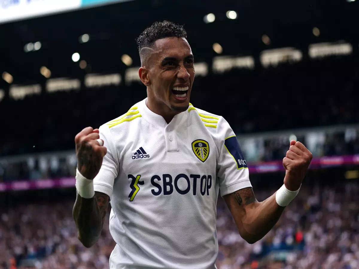 Raphinha celebrates scoring for Leeds United vs West Ham