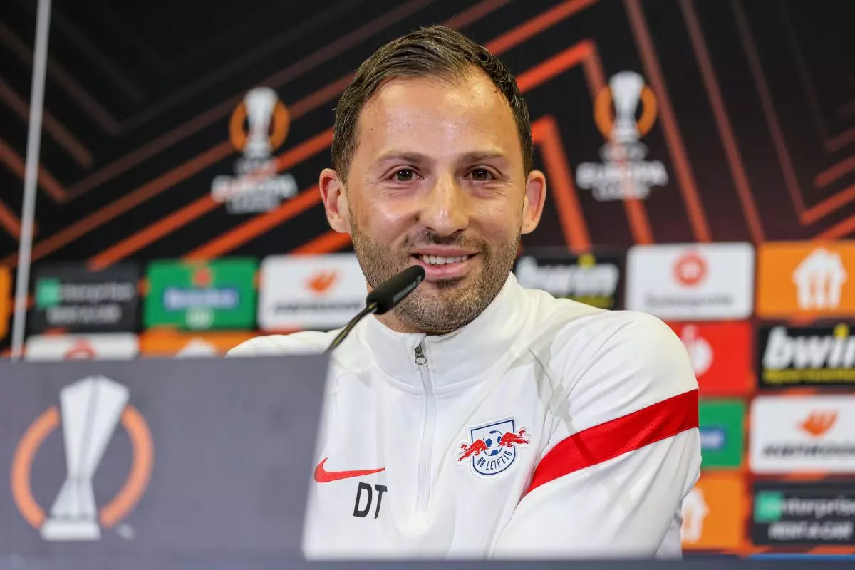 Leipzig coach Domenico Tedesco speaks during the press conference