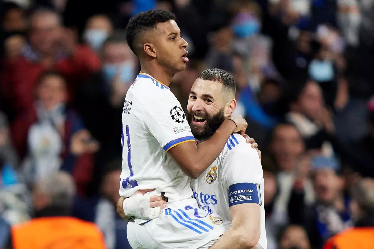 Rodrygo and Karim Benzema celebrate during Real Madrid's Champions League QF home leg v Chelsea