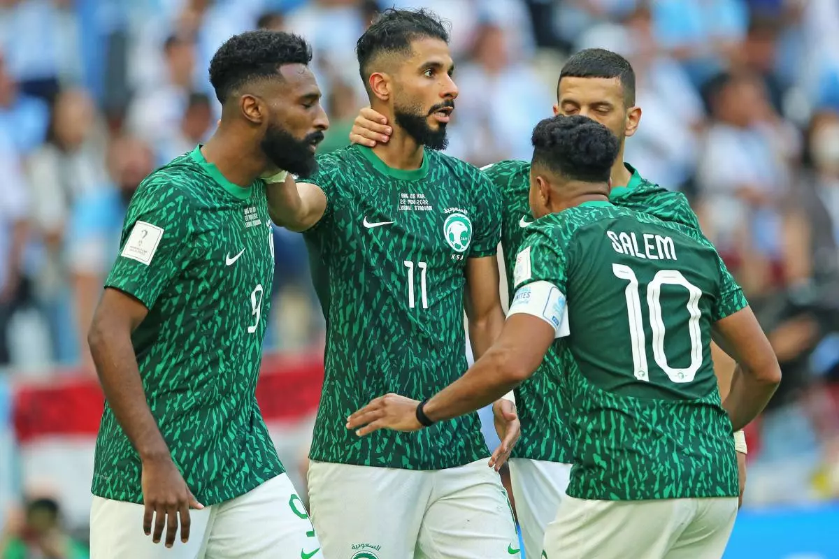 Saleh Al Shehri celebrates scoring for Saudi Arabia