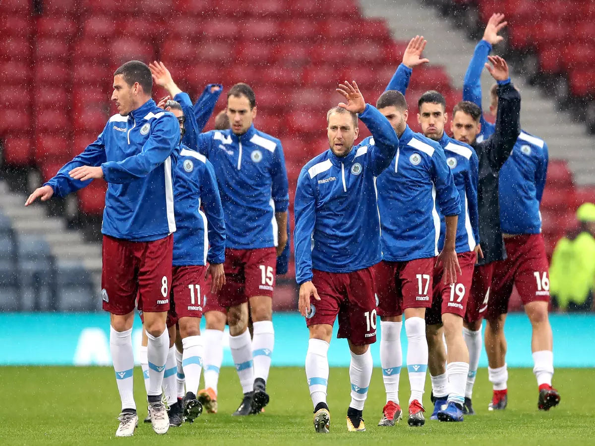 San Marino players warm up ahead of the UEFA Euro 2020 qualifying match at Hampden Park, Glasgow.