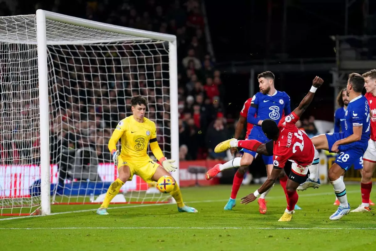 Serge Aurier scores for Nottingham Forest against Chelsea January 2023