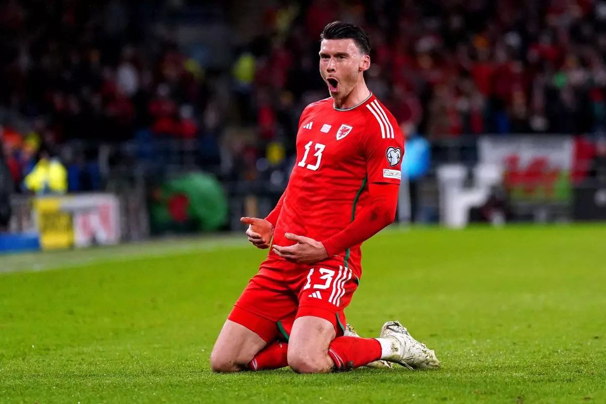 Wales' Kieffer Moore celebrates scoring against Latvia