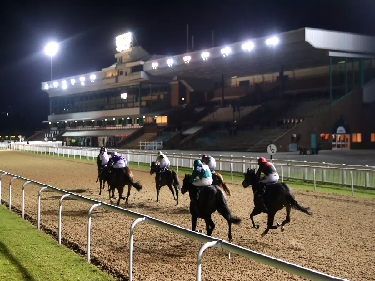 Runners in the Betway Novice Stakes race past an empty grandstand at Dunstall Park, Wolverhampton Racecourse, January 2021