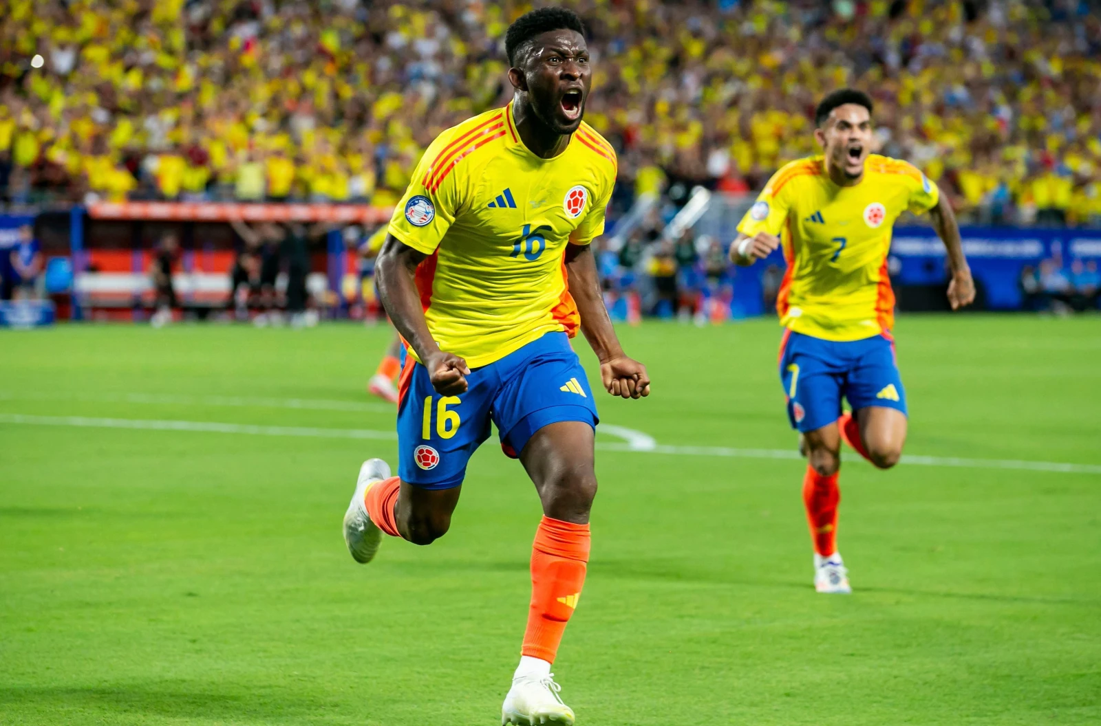 Jefferson Lerma scores for Colombia aganst Uruguay in the 2024 Copa America semi-final